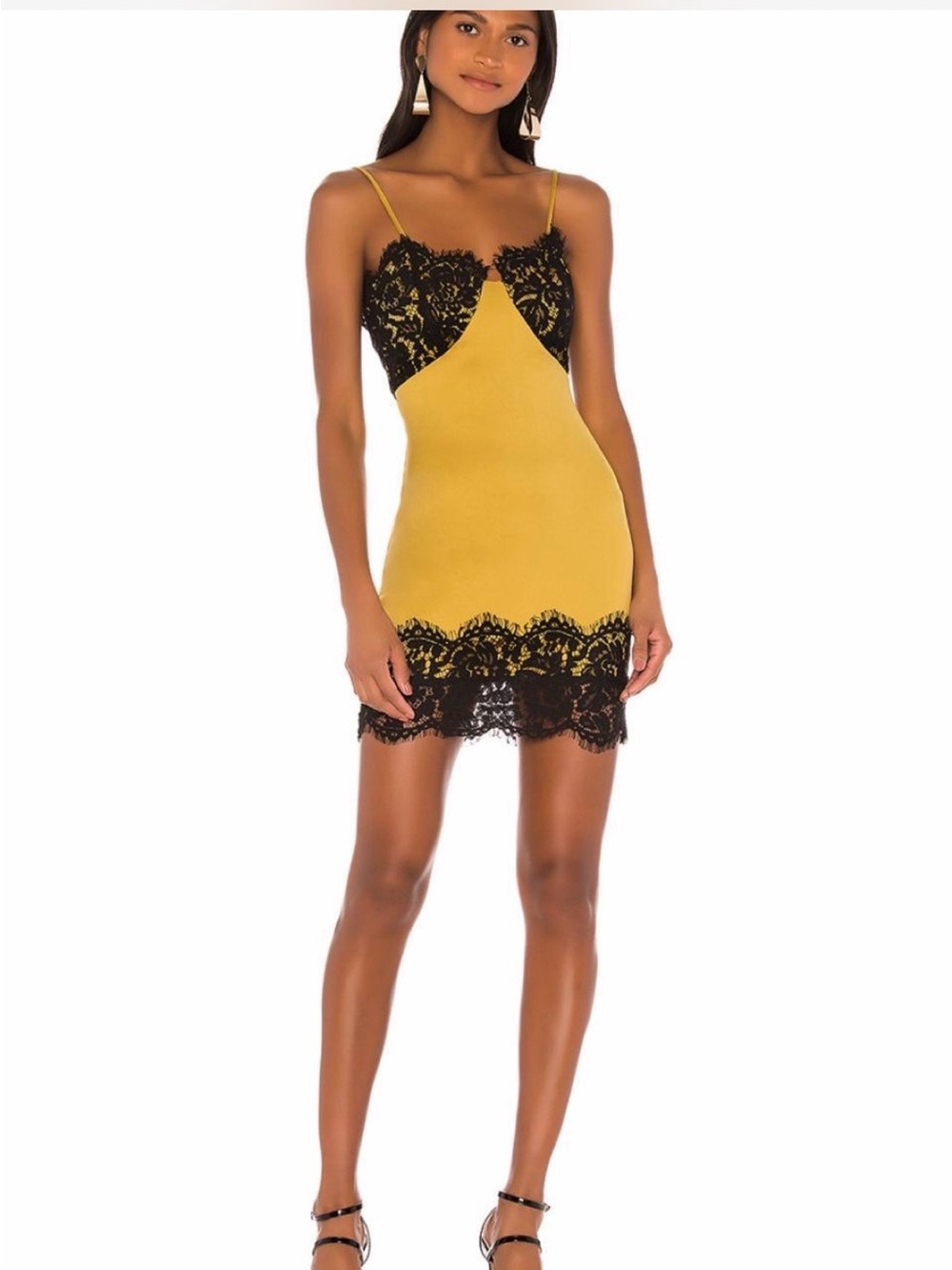 NBD Mustard Yellow Slip Dress with Black Lace Trim